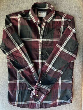 Express Men's Long Sleeve Button Up shirt Burgundy/Black plaid Slim